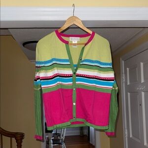 Susan Bristol Pink & Green Striped Button-Front Cardigan